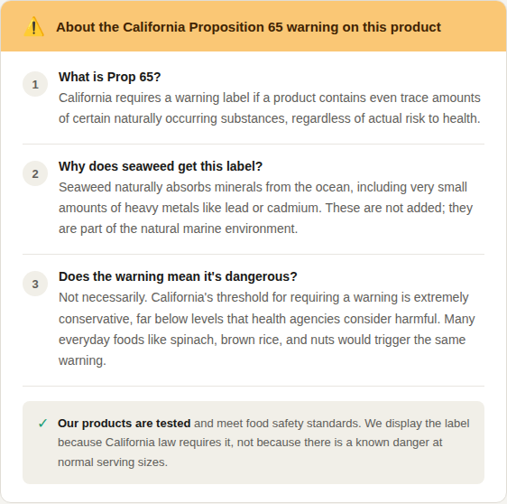 Food safety warning information panel with numbered sections about Prop 65