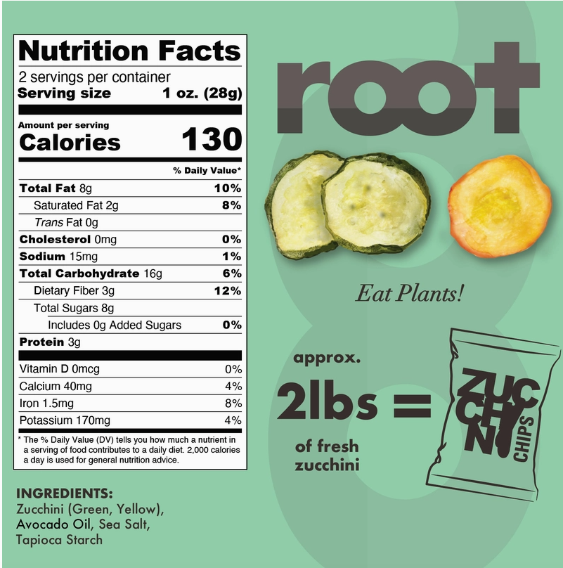 Nutrition Facts label on zucchini vegetable chips package with calories and ingredient list
