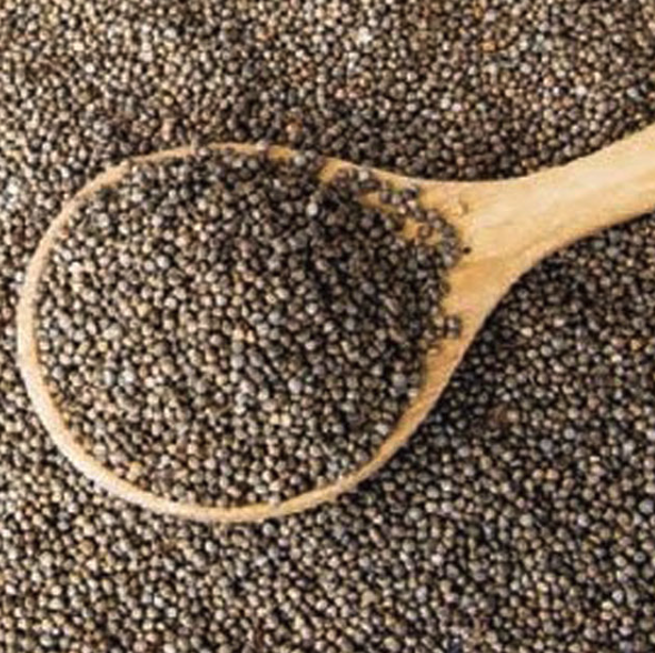 Roasted perilla seeds with spoonful of small dark gray-green seeds