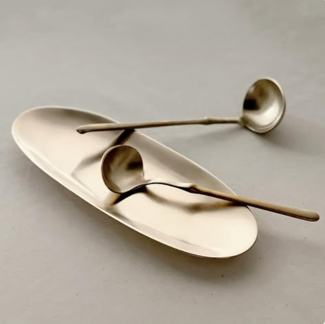 Traditional Yugi ladle with two gold-toned serving bowls on long handle
