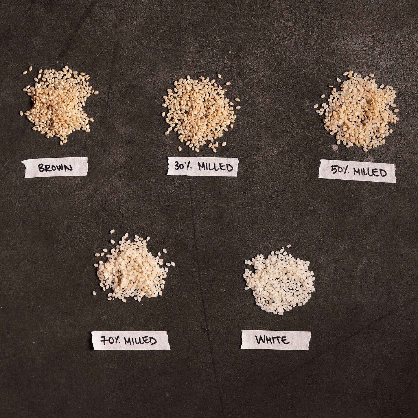 Assorted milled rice grains labeled Brown, 30%, 50%, 70%, and White