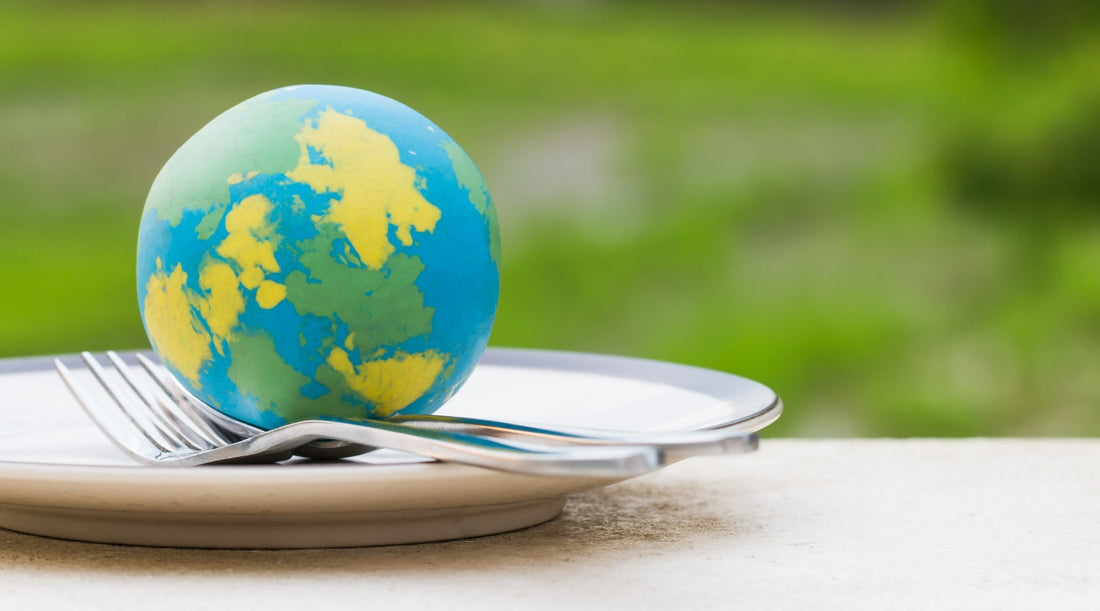Earth Day globe on a plate with fork and spoon outdoors, symbolizing sustainable food choices