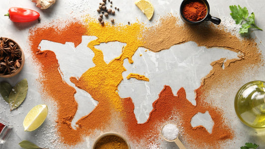 Spice world map symbolizing Equinox Earth Day and mindful food consumption to reduce waste