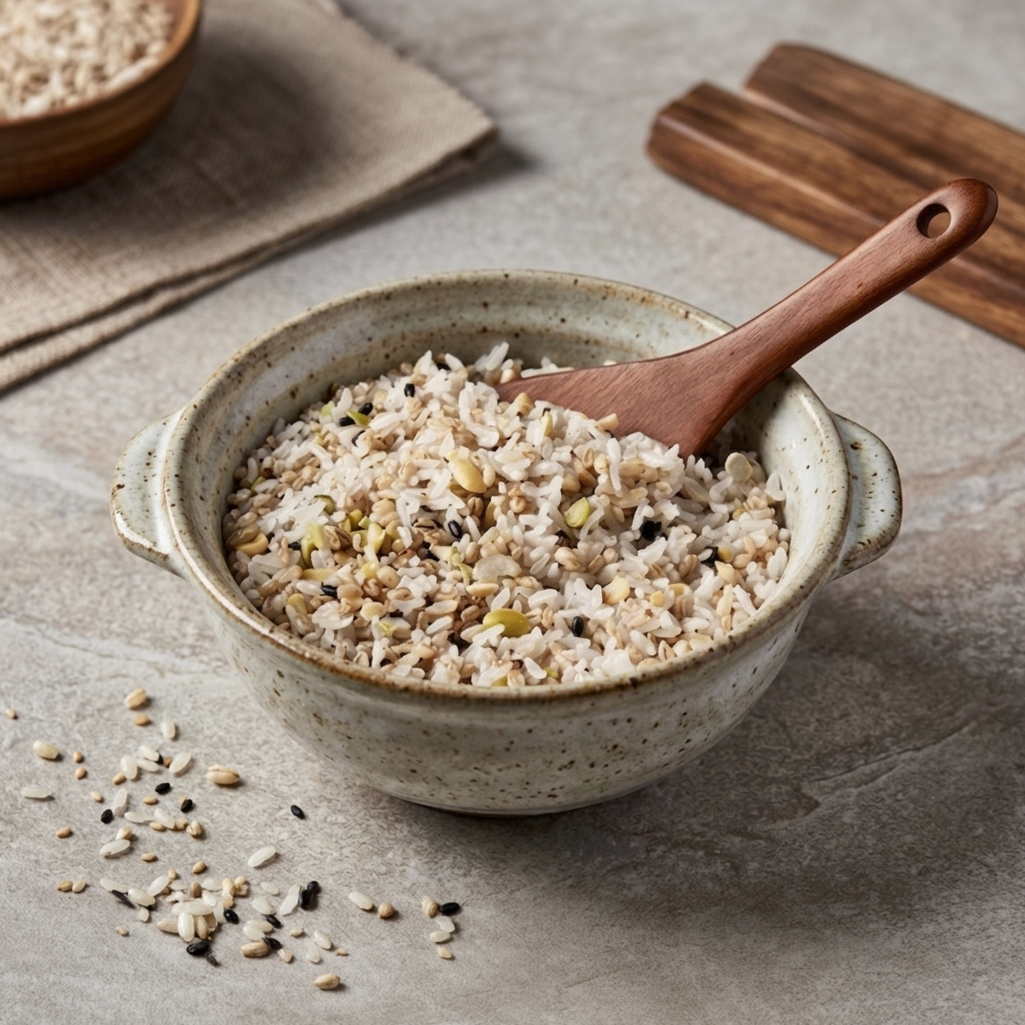 Bowl of organic germinated ten-grain mix with wooden spoon and scattered grains
