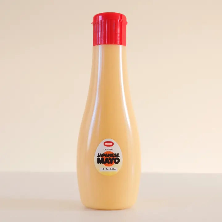 Japanese Original mayo bottle, red cap, creamy golden sauce