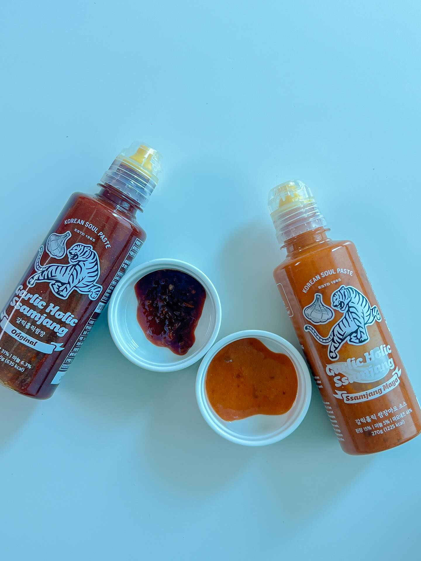 Garlic Holic Ssamjang bottles with two sauce cups, Original and Ssamjang Mayo