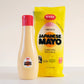 Japanese mayo bottle with yellow pouch, red cap, creamy golden sauce