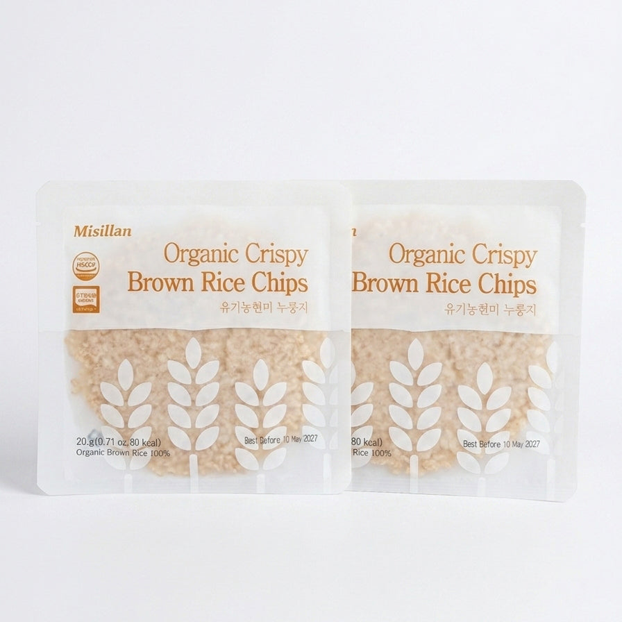 Organic crispy brown rice chips pouch set with leaf pattern and best-before date