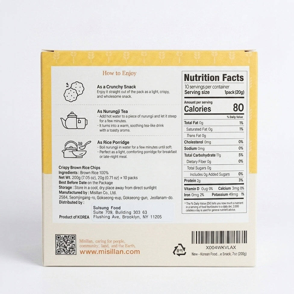 Crispy brown rice chips package back with nutrition facts, ingredients, and barcode