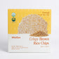 Crispy brown rice chips package, front view with product text and pile of chips graphic