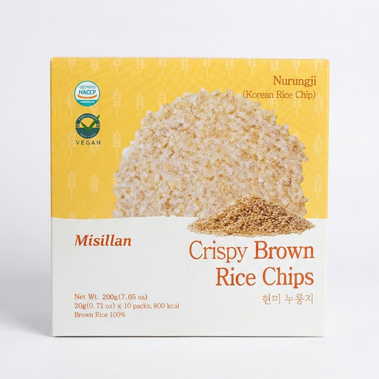 Crispy brown rice chips package, front view with product text and pile of chips graphic