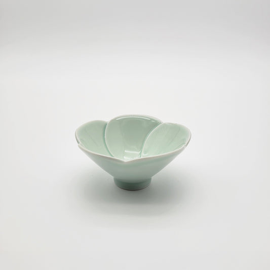 Camellia shot cup, pale mint ceramic bowl with layered petal rim