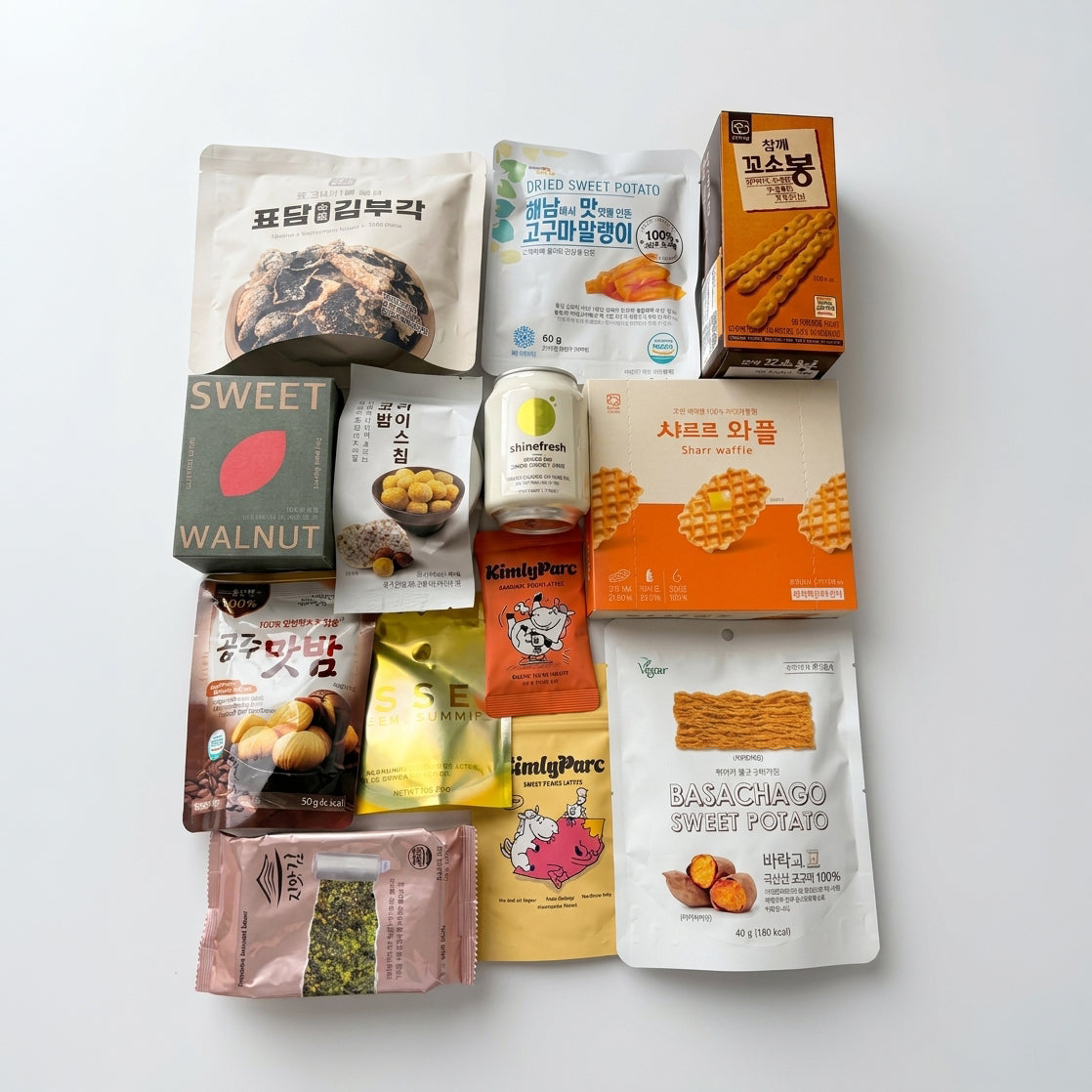 Snack box assortment with sweet potato, wafers, crisps, and walnut cookies in packages