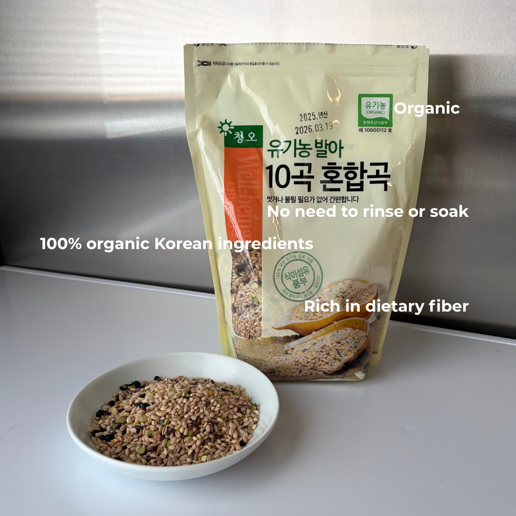 Organic ten-grain mix pouch with bowl of grains beside it