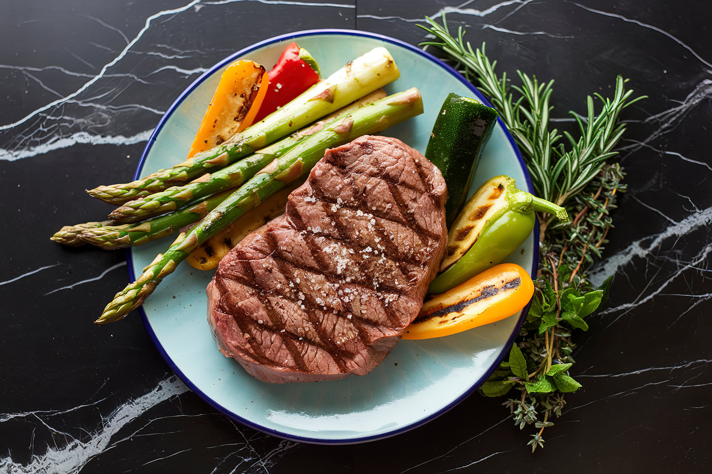 Cooked beef steaks on a plate with green asparagus and herbs