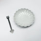 Flower-shaped dessert plate with separate matching fork, white ceramic
