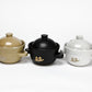 Ceramic rice pot set of three—beige, black, white—each with lid and owl logo