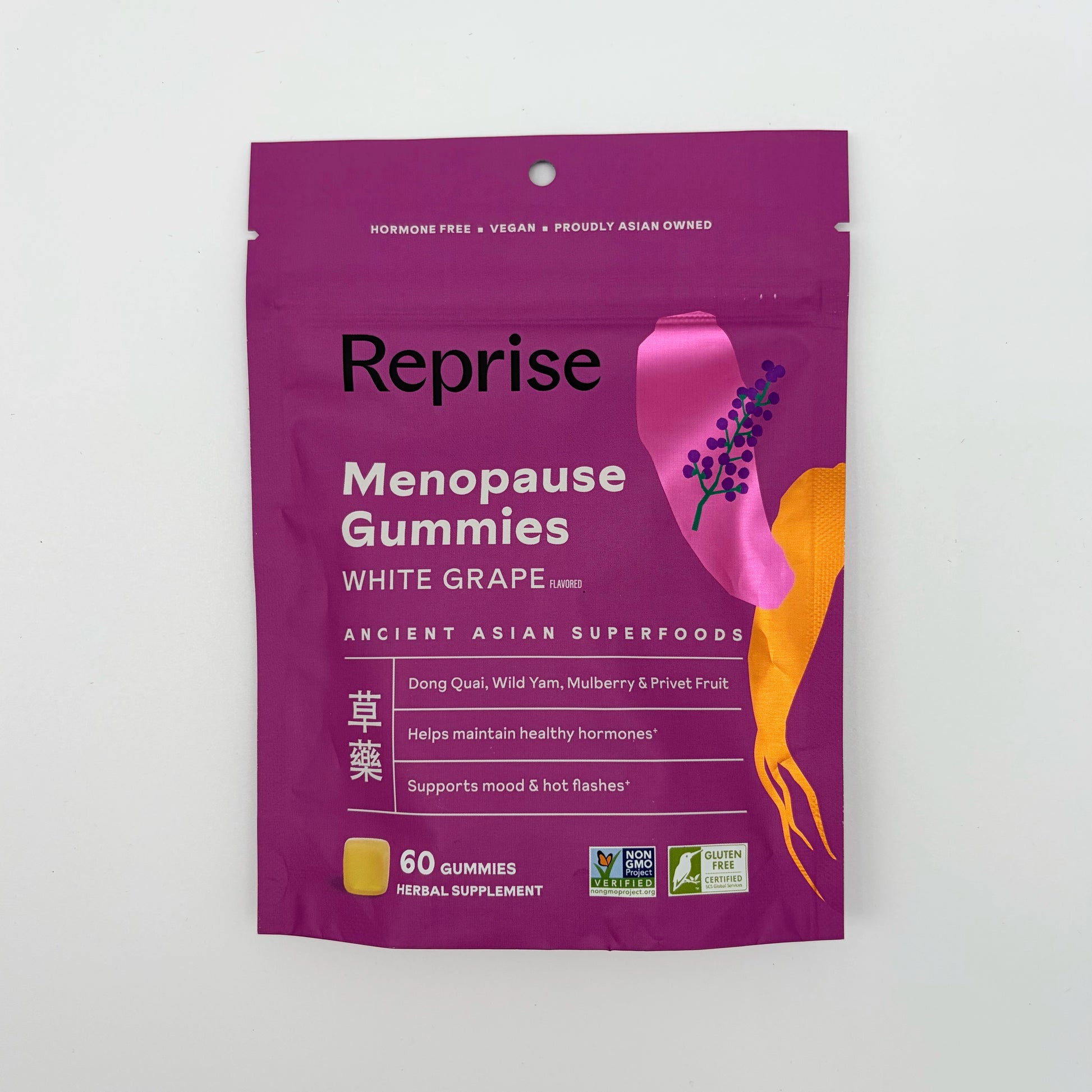 Menopause Gummies supplement pouch, purple front with white grape flavor text