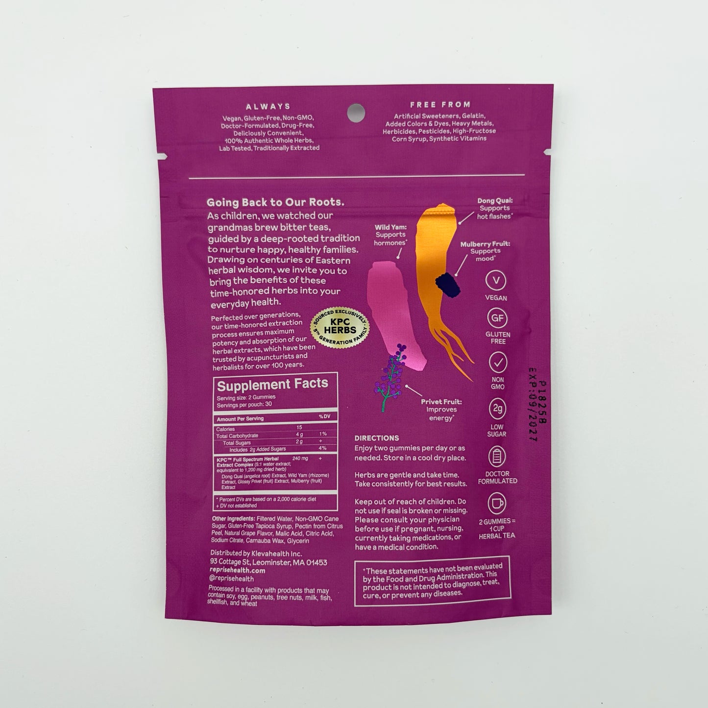 Menopause Gummies supplement pouch back, ingredient and directions text panel