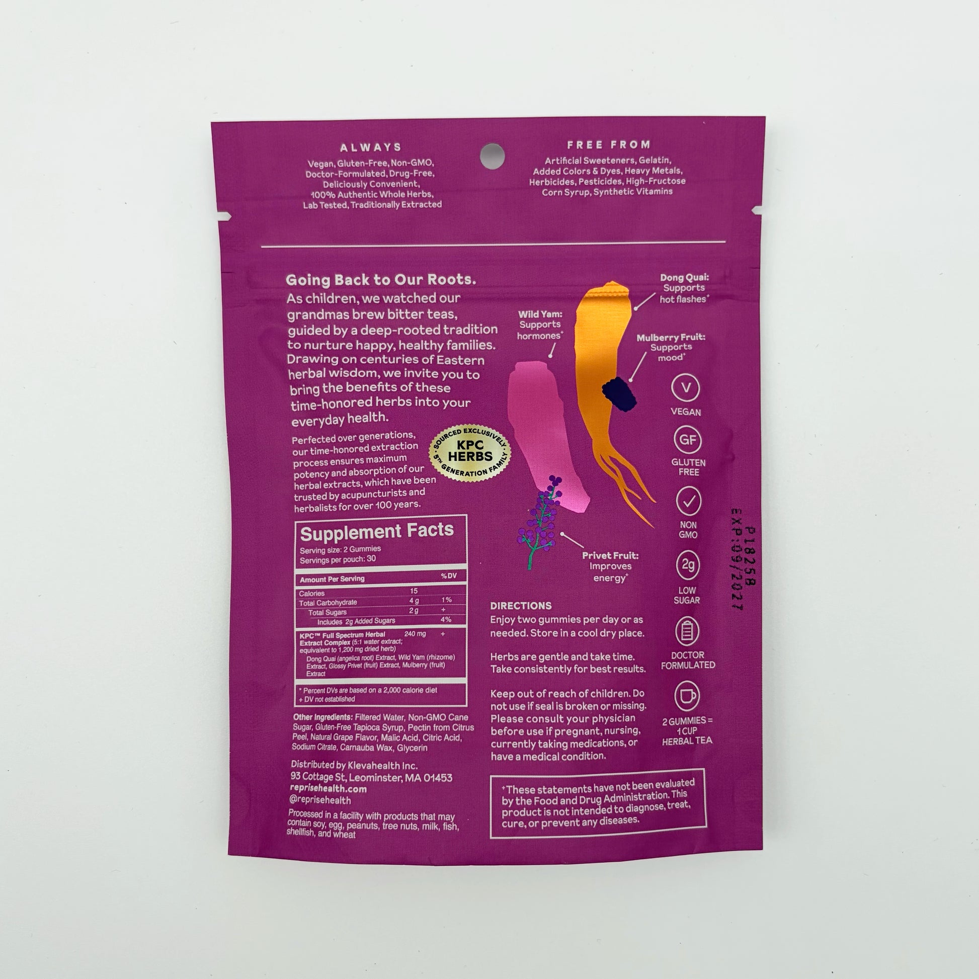 Menopause Gummies supplement pouch back, ingredient and directions text panel