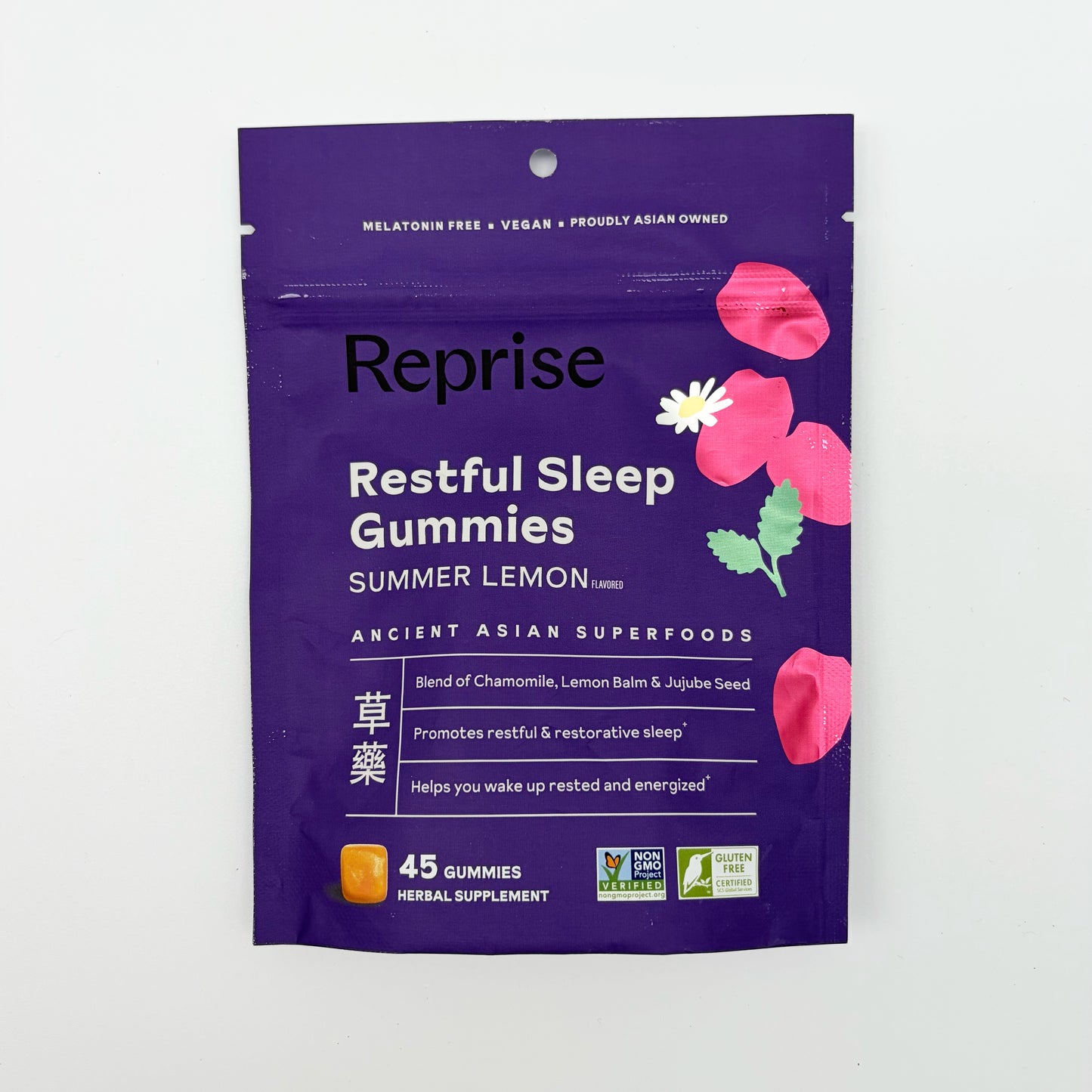 Restful Sleep Gummies supplement pouch, purple front with summer lemon flavor