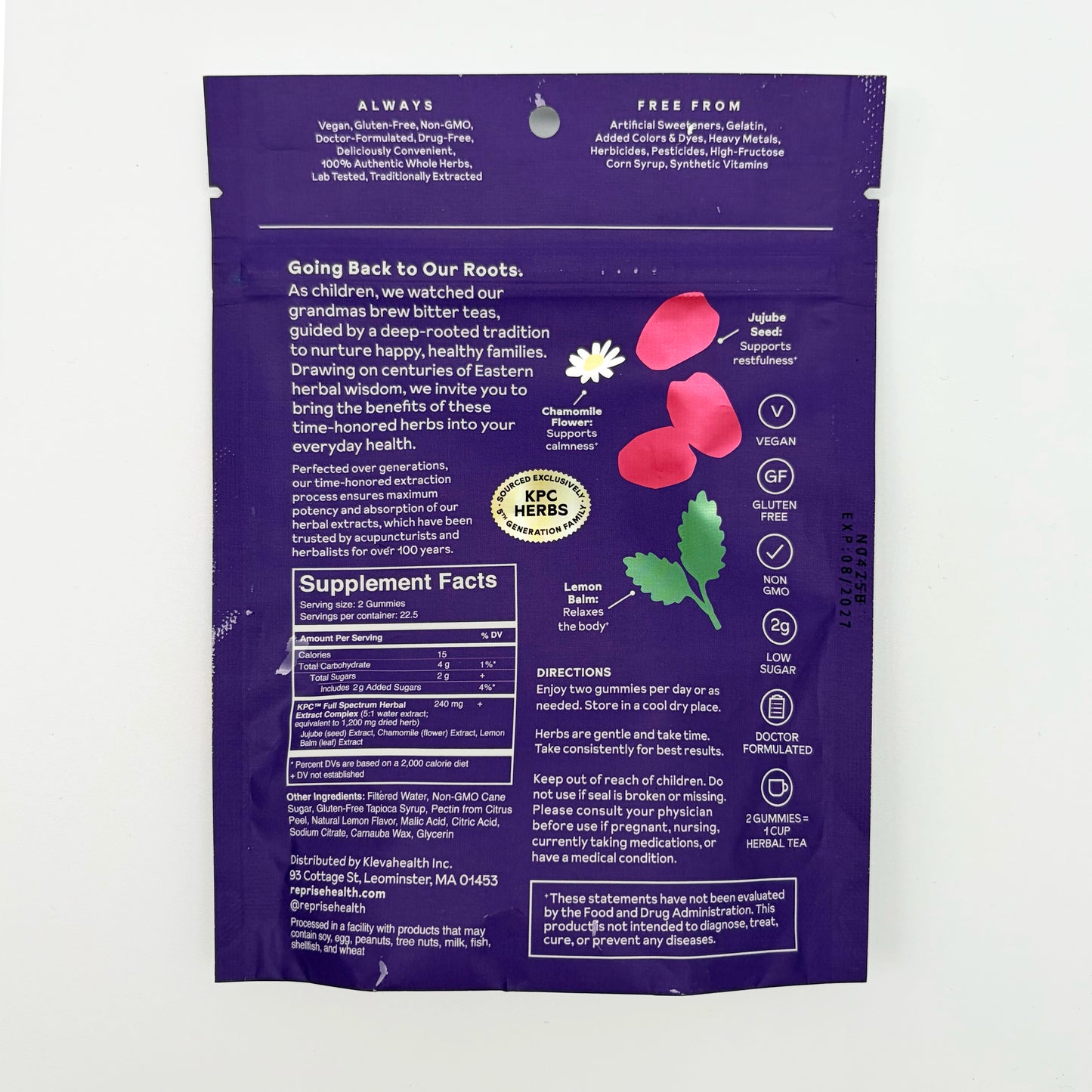 Restful Sleep Gummies supplement pouch back, Supplement Facts and directions panel