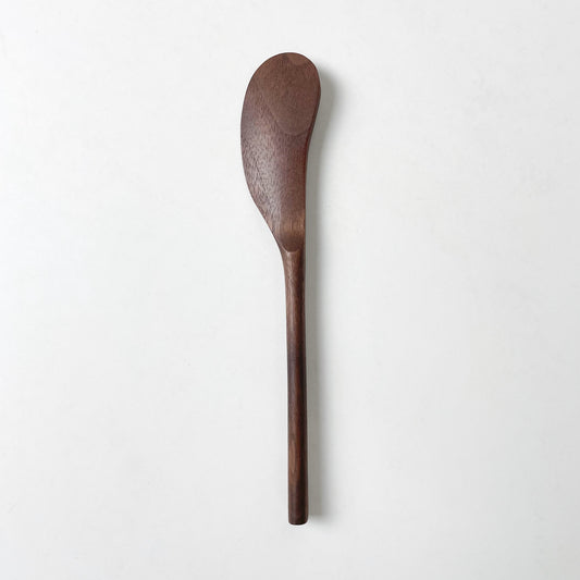 Wooden butter knife with rounded teardrop blade, dark walnut finish