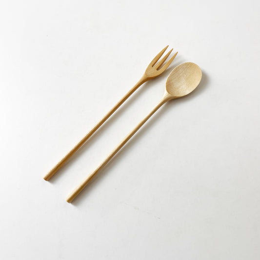 Wooden dessert spoon and fork set, light natural finish, curved spoon bowl and 3 tines