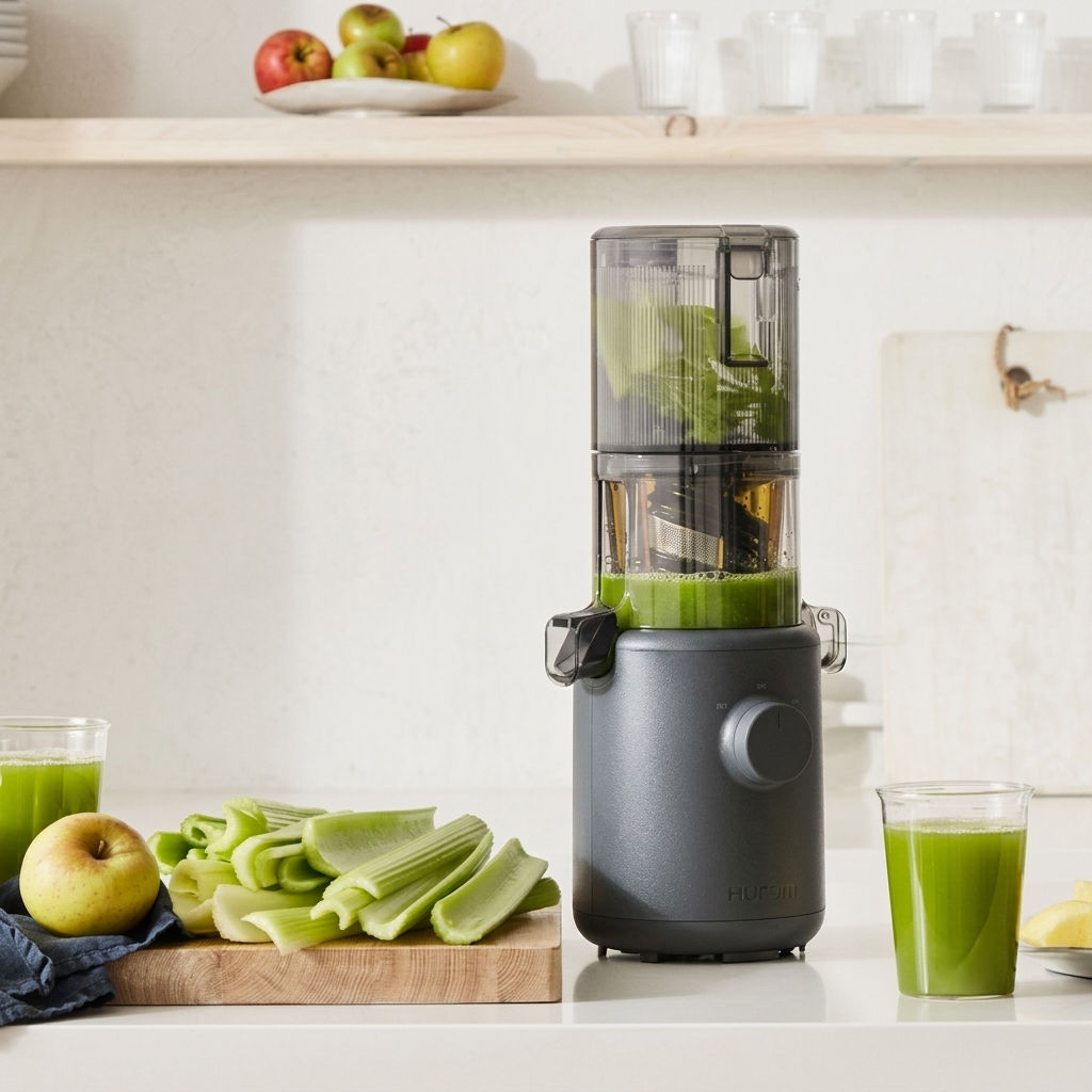 Hurom compact electric juicer, clear container and blue-gray base