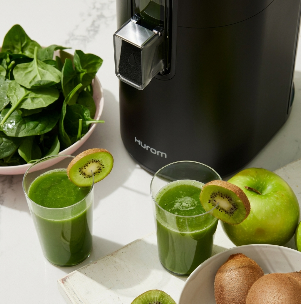 Hurom H400 countertop juicer, black body with integrated spout and front control