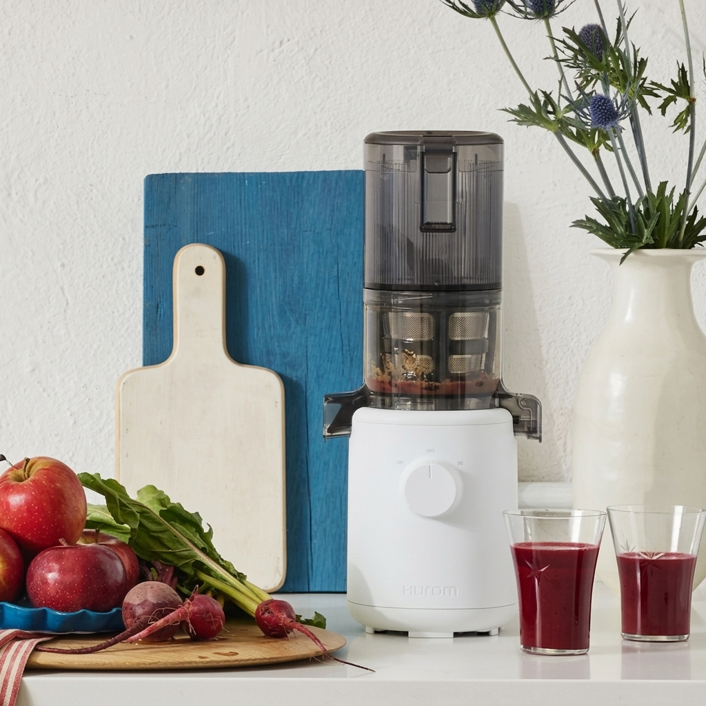 Hurom compact electric juicer, clear container and white base with knob