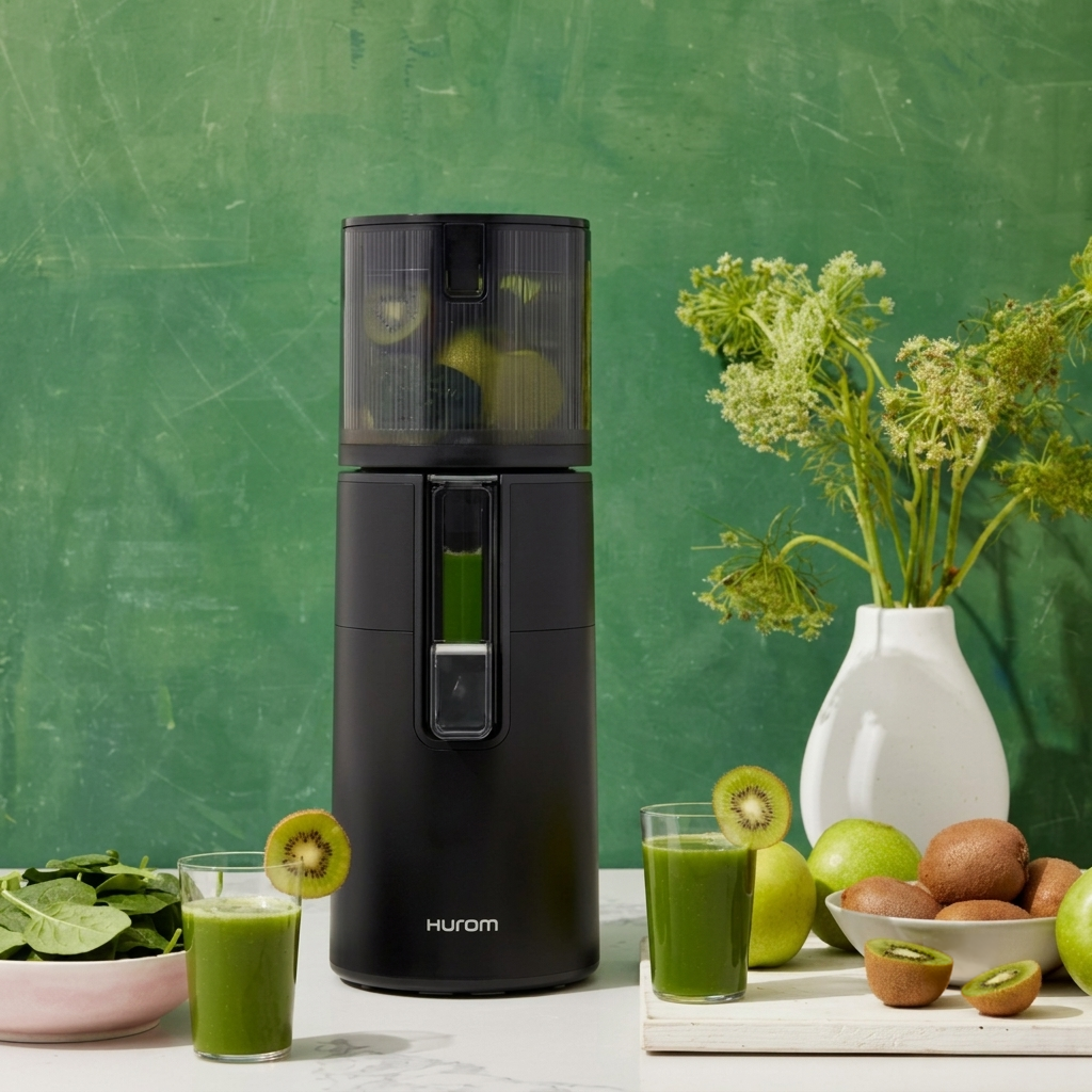 Black Hurom H400 countertop juicer with clear pulp container and front spout