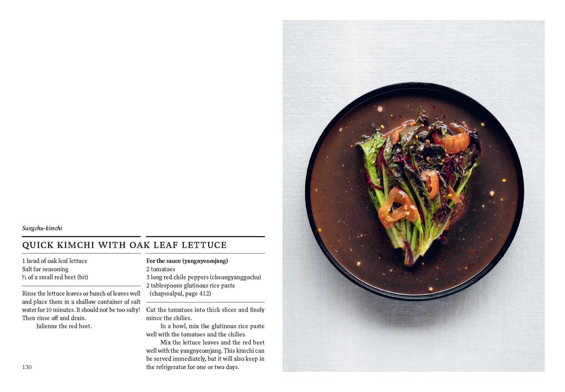 Korean Temple Cooking book spread featuring a kimchi dish in a bowl with text