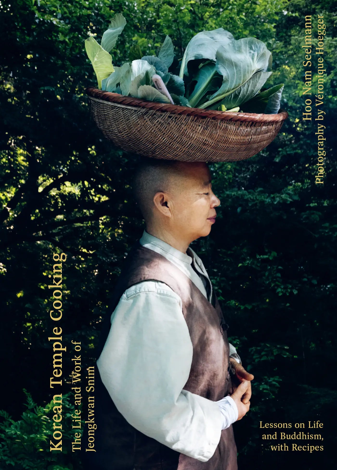 Korean Temple Cooking book cover with person carrying a basket of leafy greens