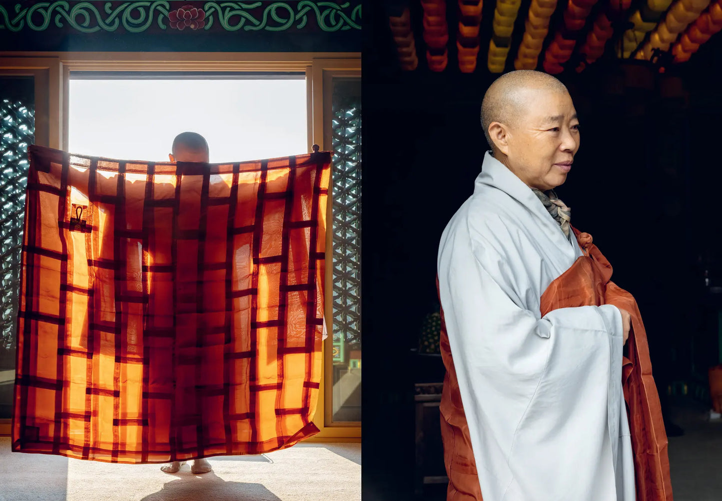 Woman in light robe holding a brown bag indoors near a window with red curtains