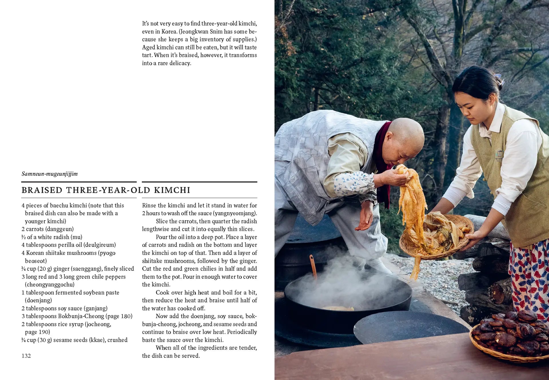 Book page showing Korean kimchi fermentation and a clay pot steaming outdoors