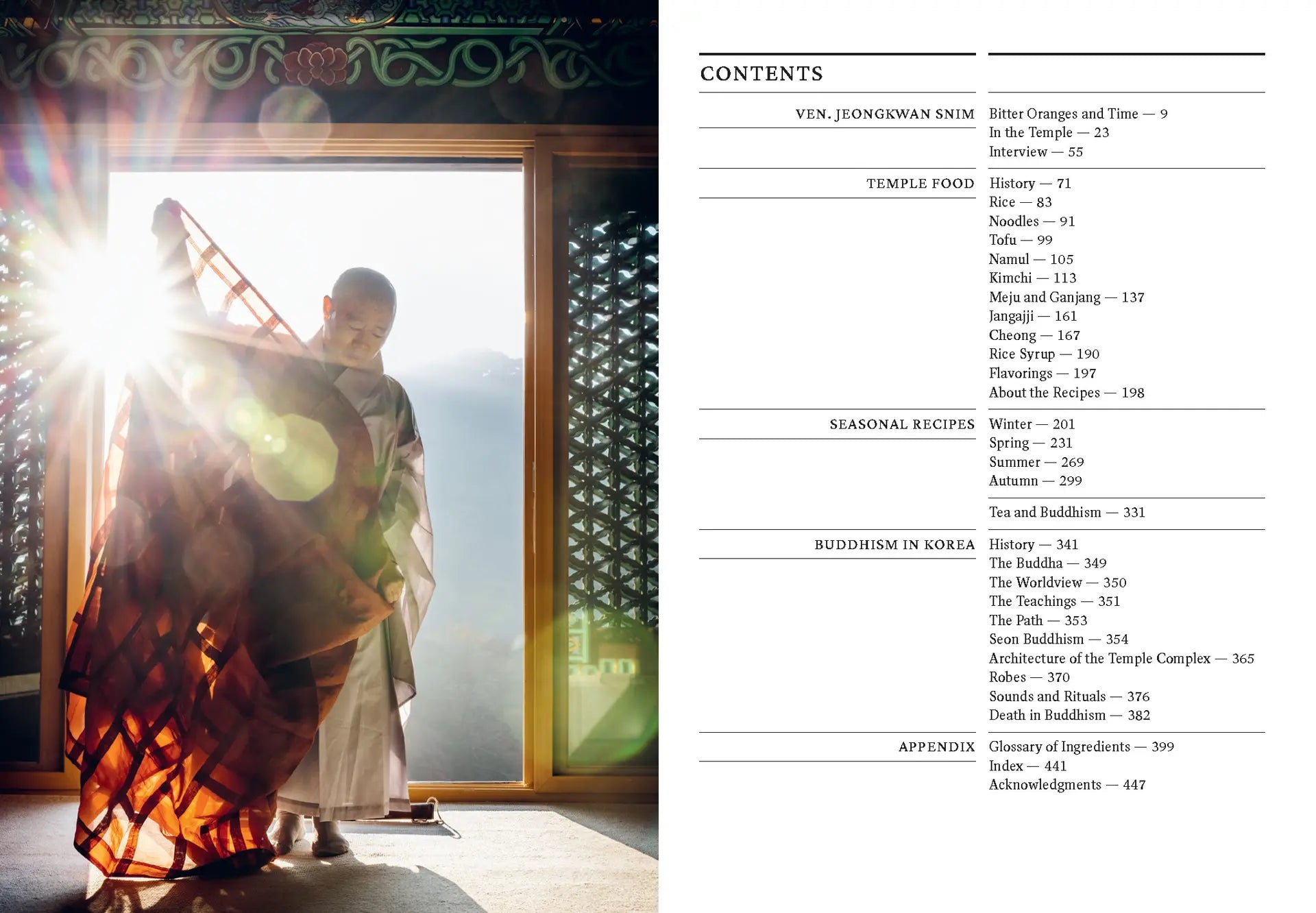 Korean Temple Cooking book spread with contents list and temple interior photo