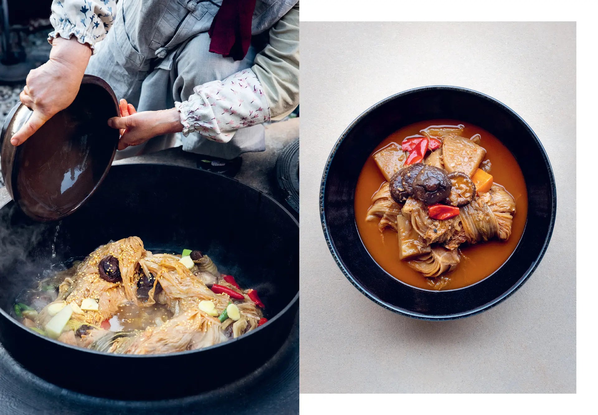 Cooked kimchi stew in a black pot with hands tossing food; side bowl on white