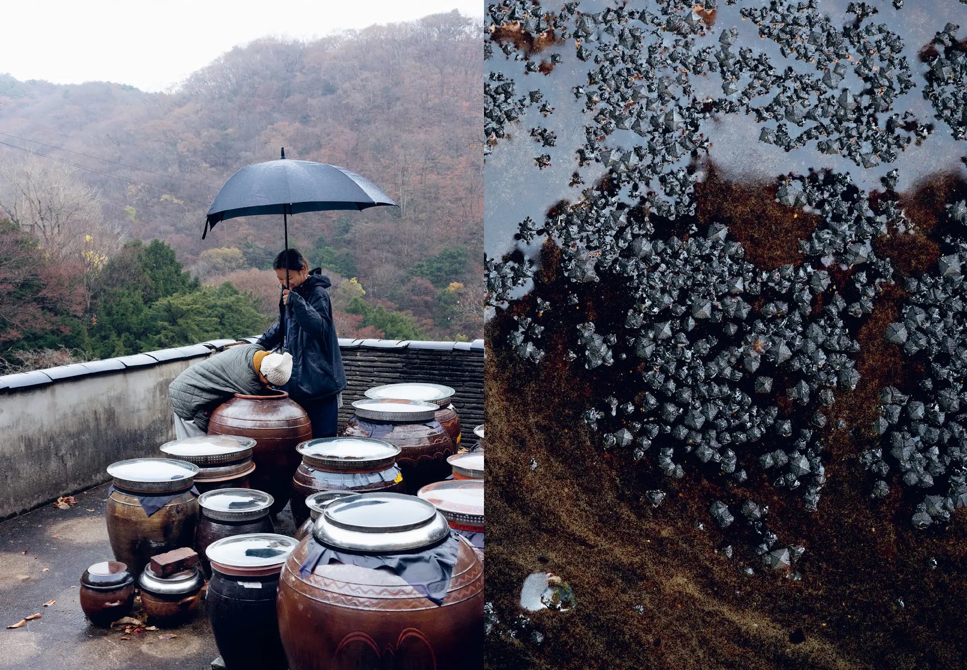 Outdoor kimchi fermenting jars lined up on a rooftop with a person under an umbrella