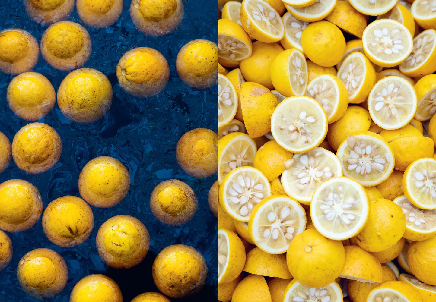 Fresh lemons and lemon slices arranged side by side in two panels