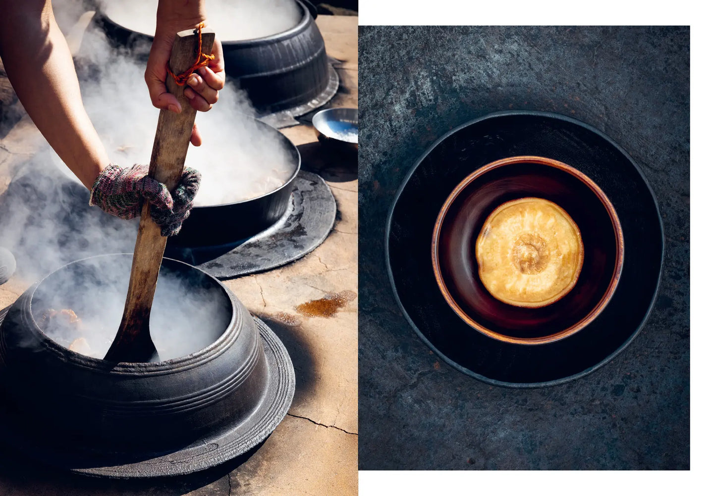 Large metal pot cooking with steam and a bowl of hot broth with a dish