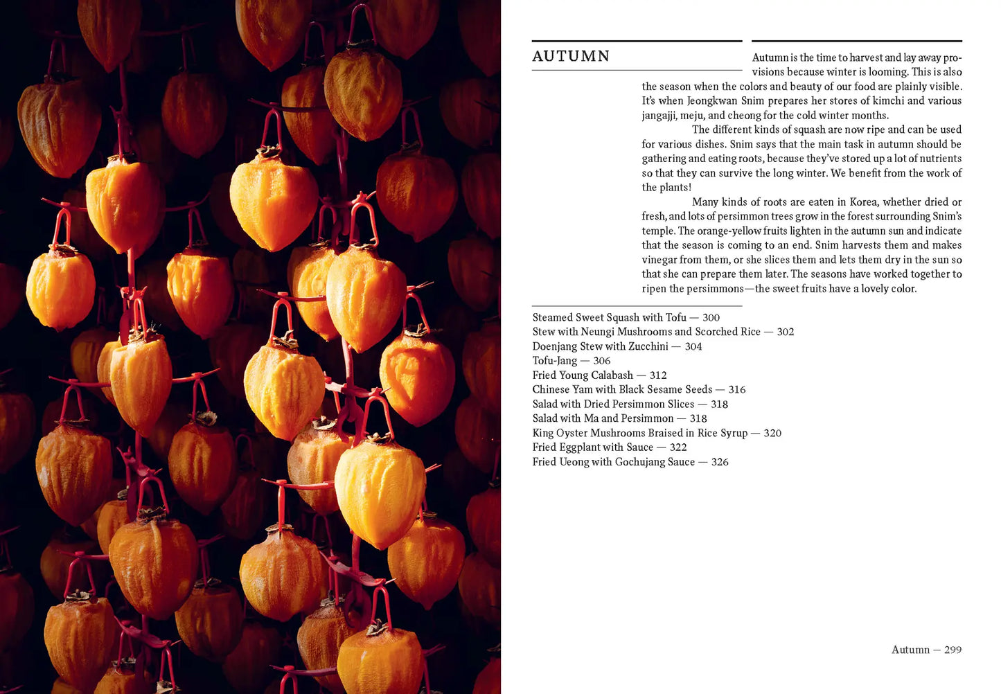 Book spread of hanging autumn persimmons in orange bunches