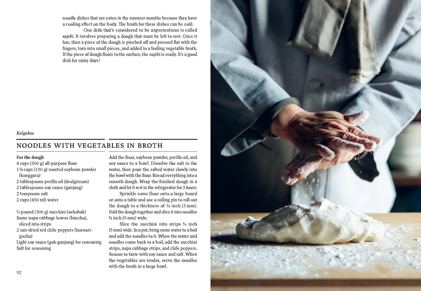Korean Temple Cooking book open to recipe page with hands kneading dough