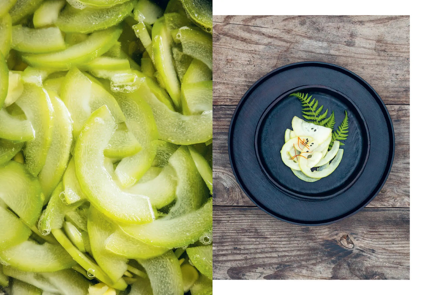 Chopped green vegetables on wood with a dark bowl containing sliced kimchi