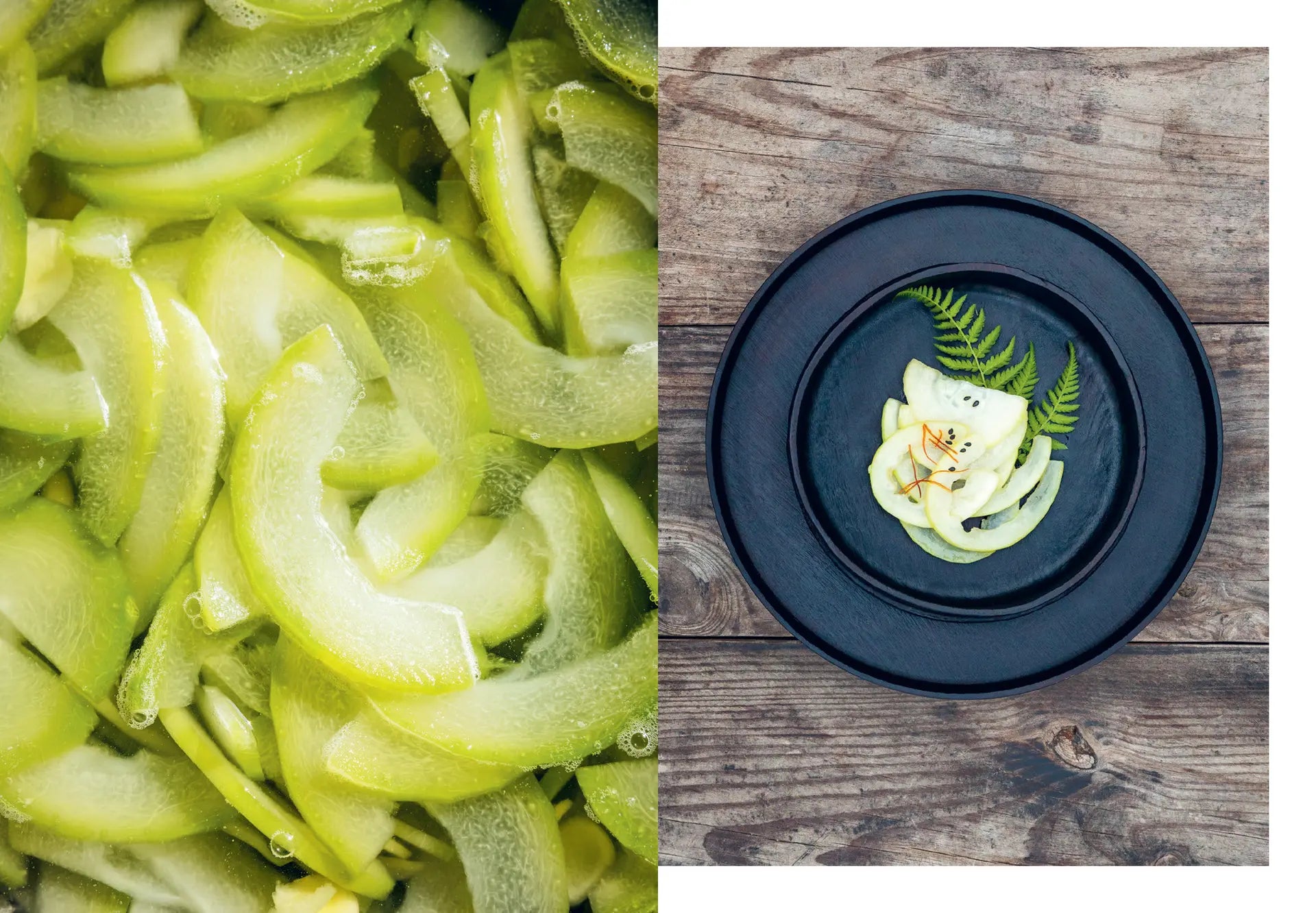 Chopped green vegetables on wood with a dark bowl containing sliced kimchi