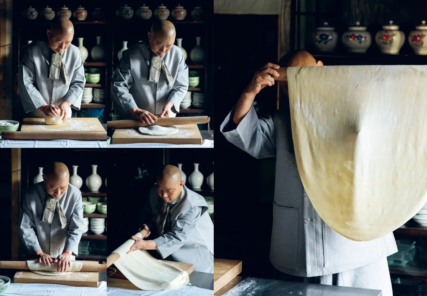 Korean Temple Cooking book spread with chefs working in a traditional kitchen