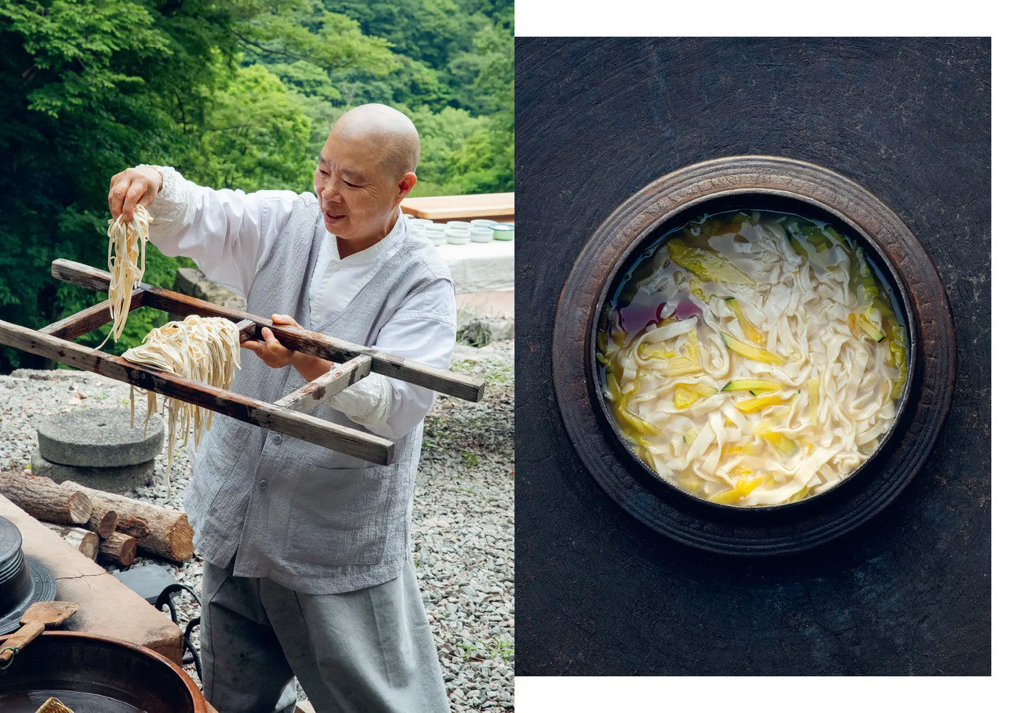Korean Temple Cooking book spread with chef preparing noodles in a pot