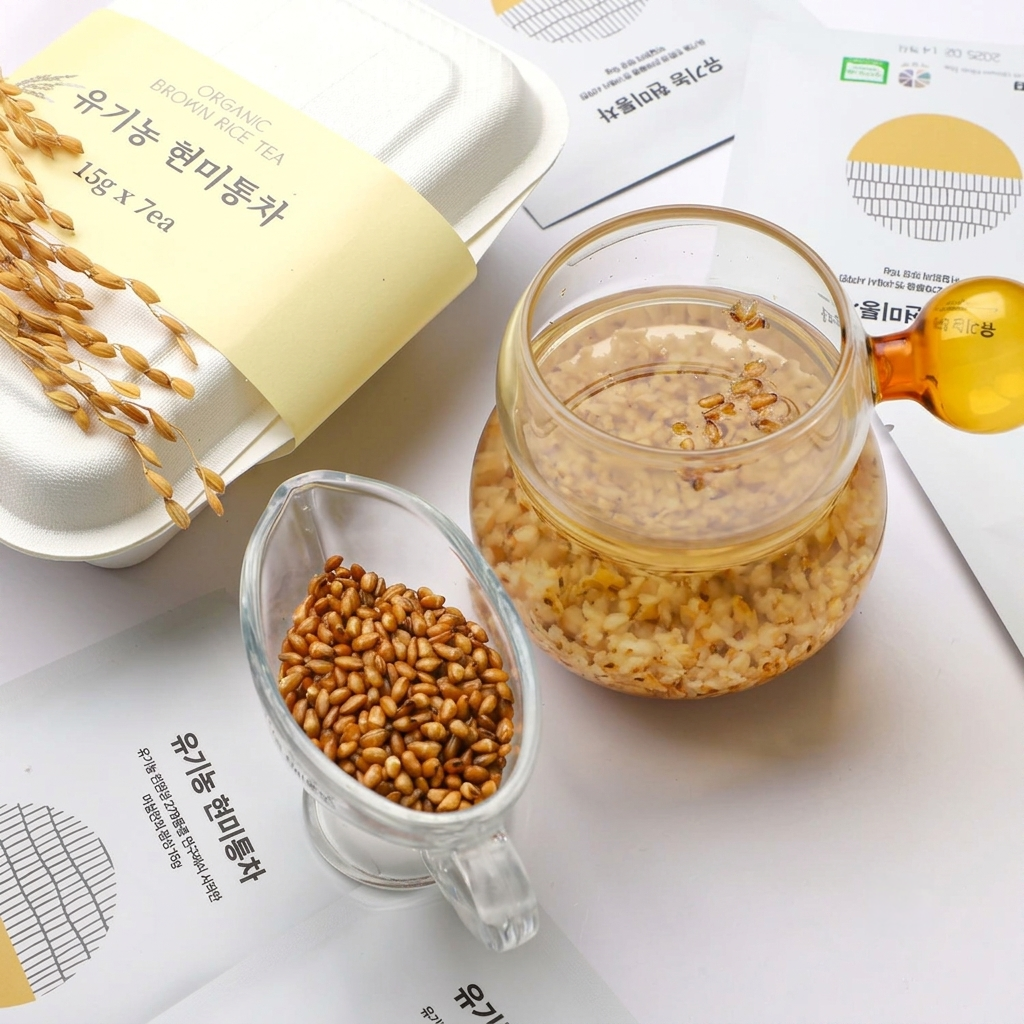 Organic brown rice tea package with brewed tea and brown rice grains in cups