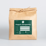 Organic Samgwang rice bag with front label and tied top, kraft paper