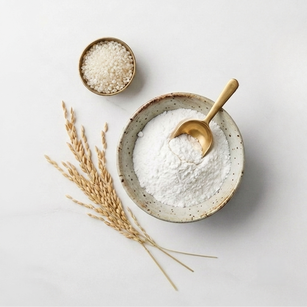 Bowl of white organic rice flour with wooden spoon and rice grains
